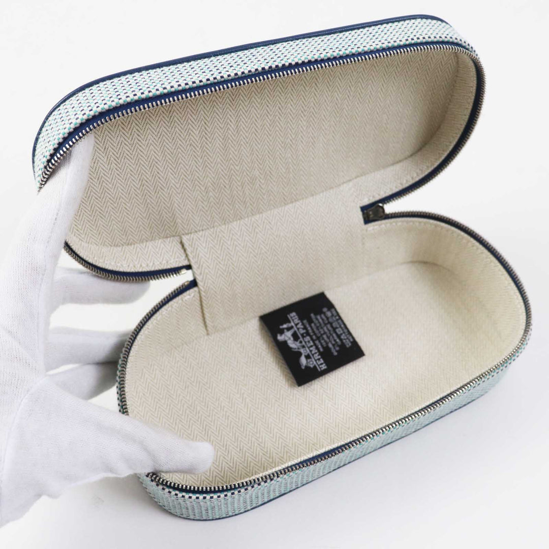 HERMES Cosmetics Pouch Outer: 100% cotton; Lining: 92% cotton, 8% polyurethane; Trim: leather Blue type ESCALE TROUSSE TOILE H Escal Women Used Authentic