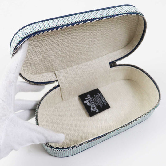 HERMES Cosmetics Pouch Outer: 100% cotton; Lining: 92% cotton, 8% polyurethane; Trim: leather Blue type ESCALE TROUSSE TOILE H Escal Women Used Authentic