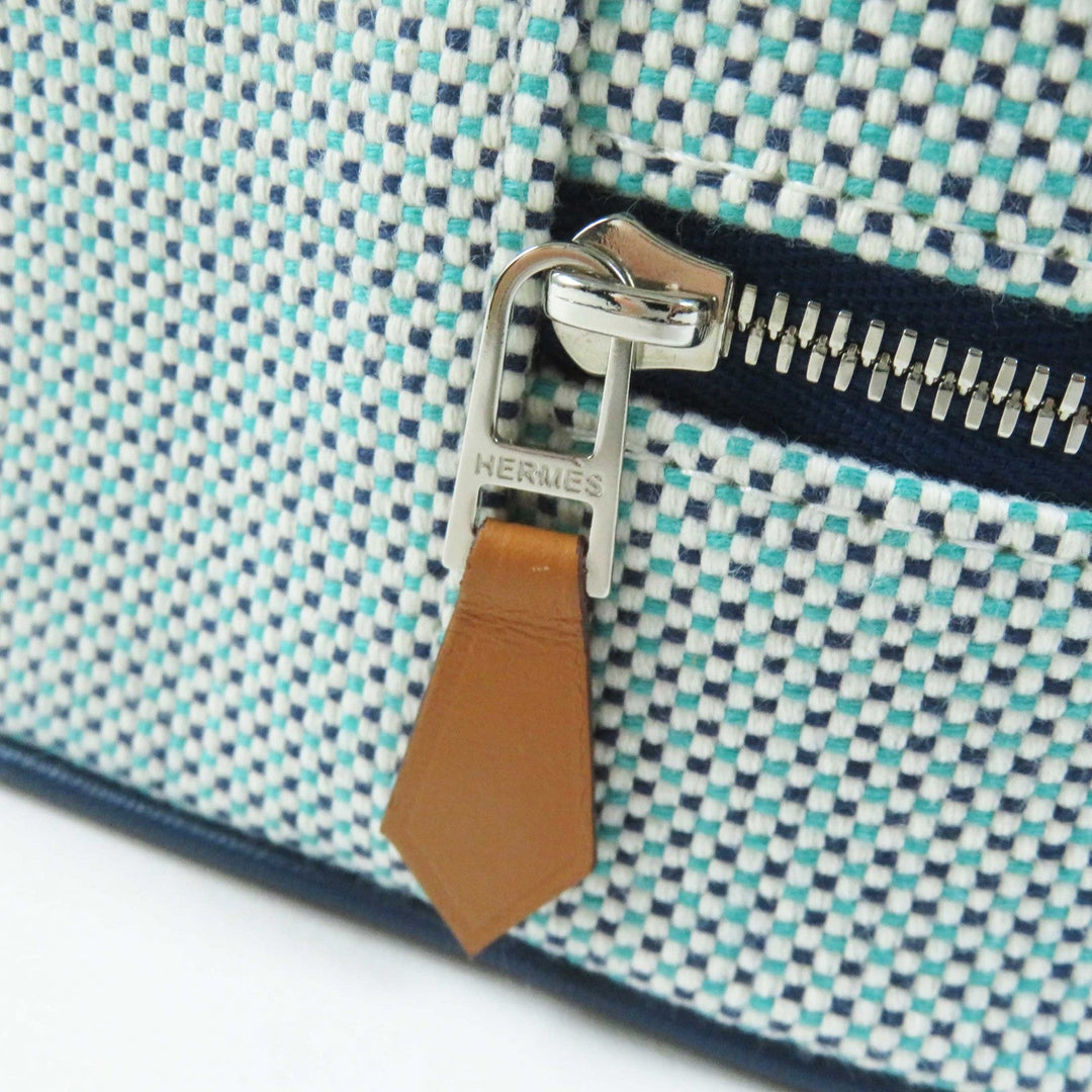 HERMES Cosmetics Pouch Outer: 100% cotton; Lining: 92% cotton, 8% polyurethane; Trim: leather Blue type ESCALE TROUSSE TOILE H Escal Women Used Authentic