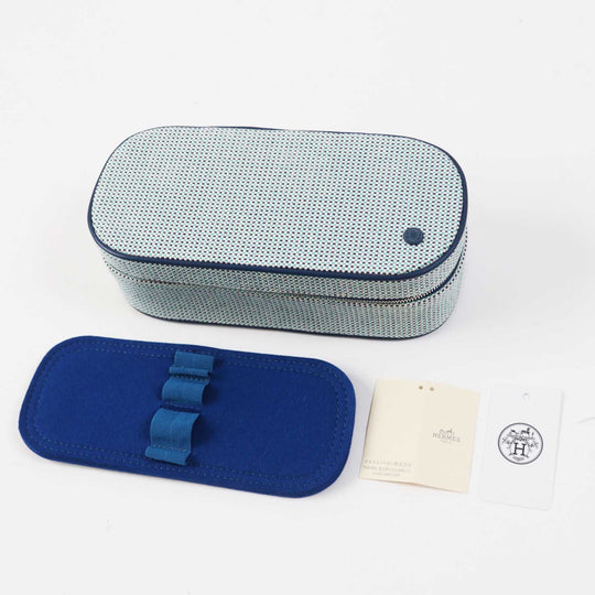 HERMES Cosmetics Pouch Outer: 100% cotton; Lining: 92% cotton, 8% polyurethane; Trim: leather Blue type ESCALE TROUSSE TOILE H Escal Women Used Authentic