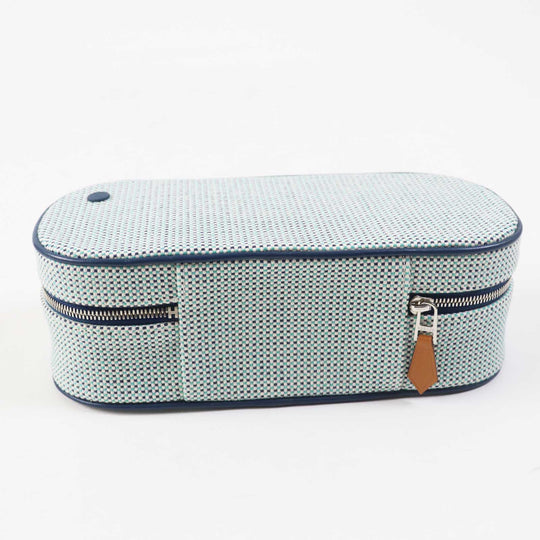 HERMES Cosmetics Pouch Outer: 100% cotton; Lining: 92% cotton, 8% polyurethane; Trim: leather Blue type ESCALE TROUSSE TOILE H Escal Women Used Authentic