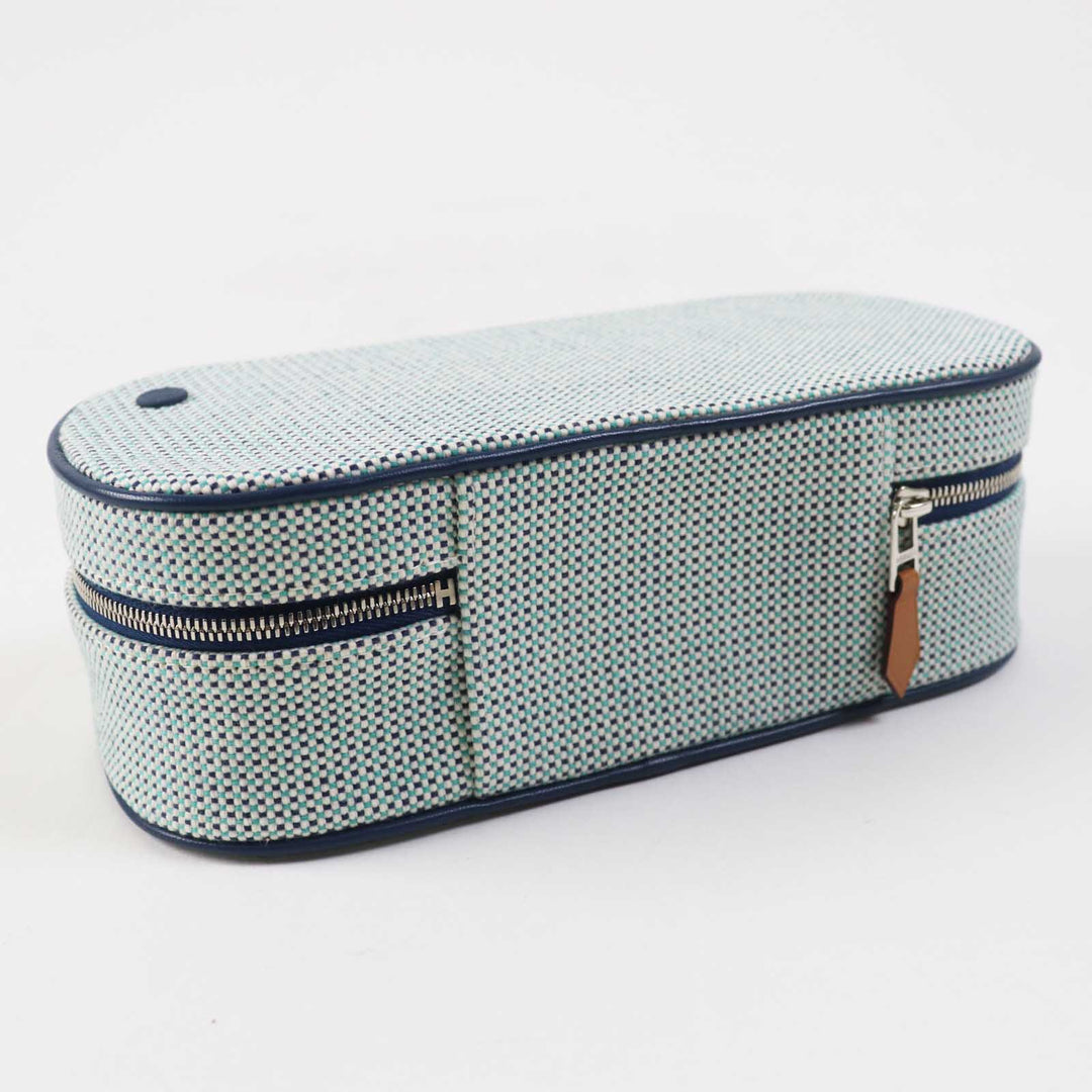 HERMES Cosmetics Pouch Outer: 100% cotton; Lining: 92% cotton, 8% polyurethane; Trim: leather Blue type ESCALE TROUSSE TOILE H Escal Women Used Authentic