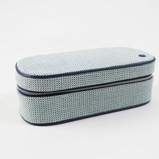 HERMES Cosmetics Pouch Outer: 100% cotton; Lining: 92% cotton, 8% polyurethane; Trim: leather Blue type ESCALE TROUSSE TOILE H Escal Women Used Authentic