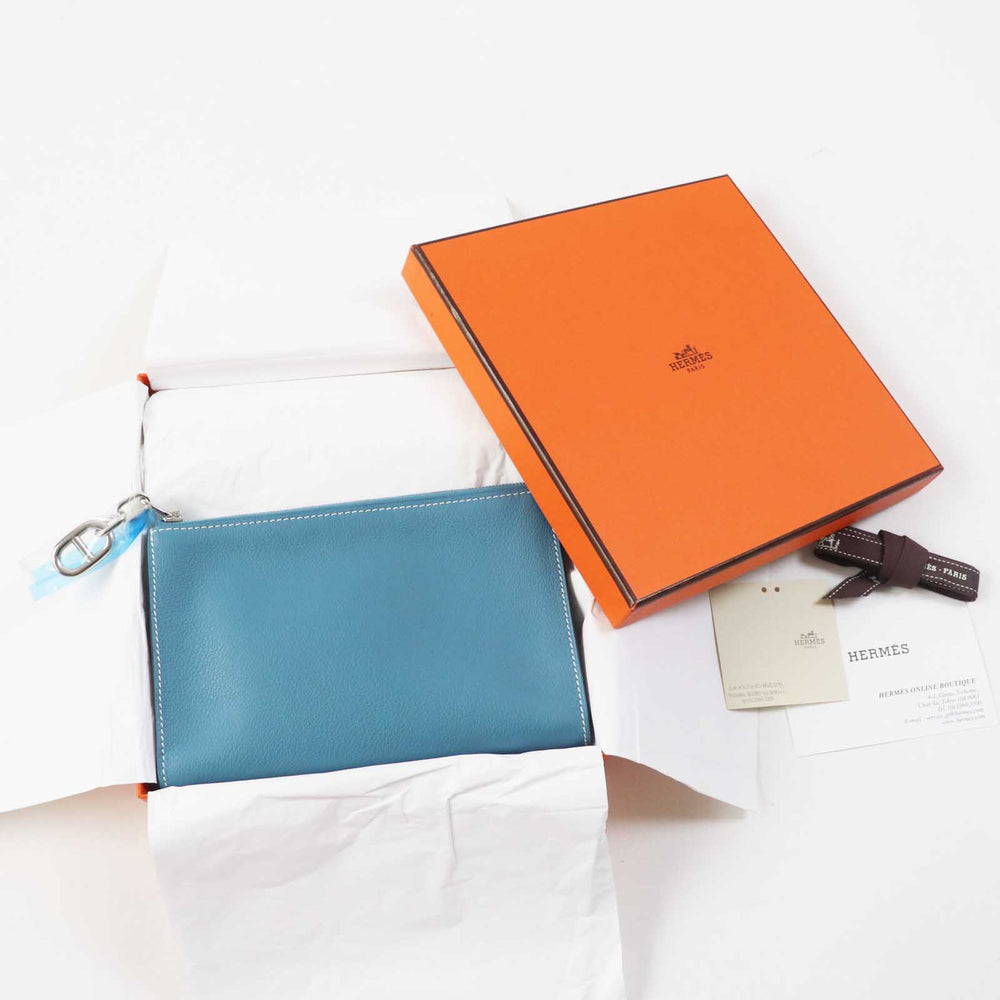 HERMES Pouch Main: Evercolor new blue gene Zip Angor PM Women Used Authentic