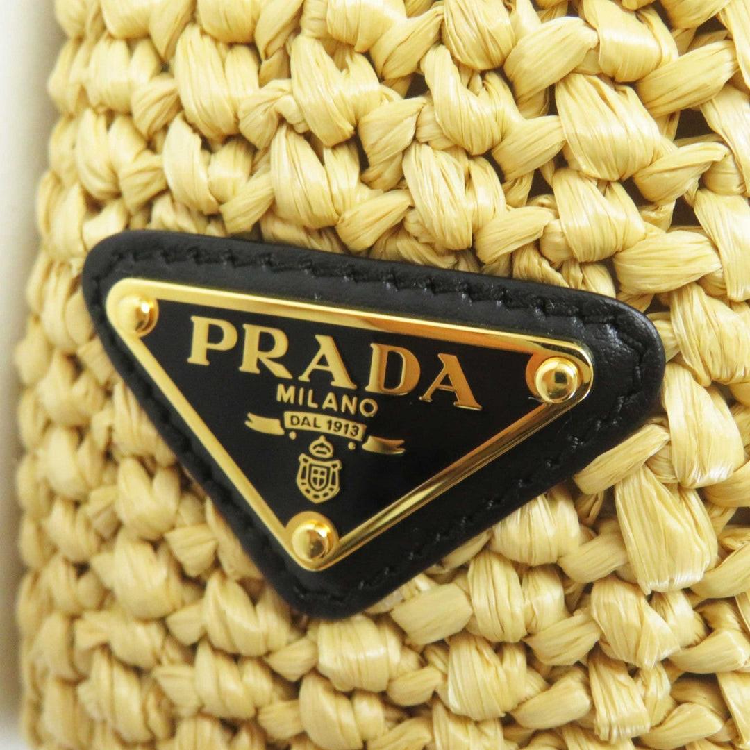 PRADA Tote Bag 1BG422 Main: Raffia Natural black small crochet Women Used Authentic