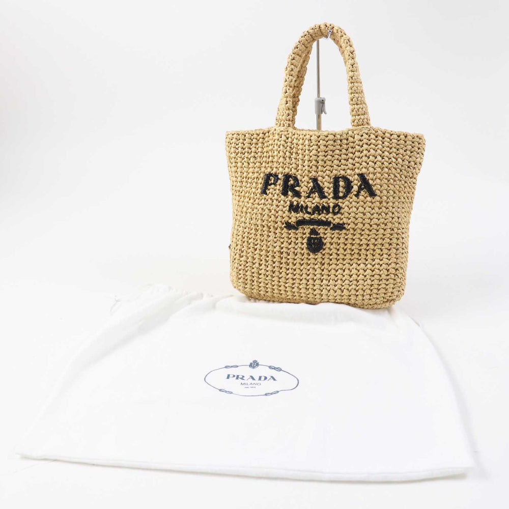 PRADA Tote Bag 1BG422 Main: Raffia Natural black small crochet Women Used Authentic