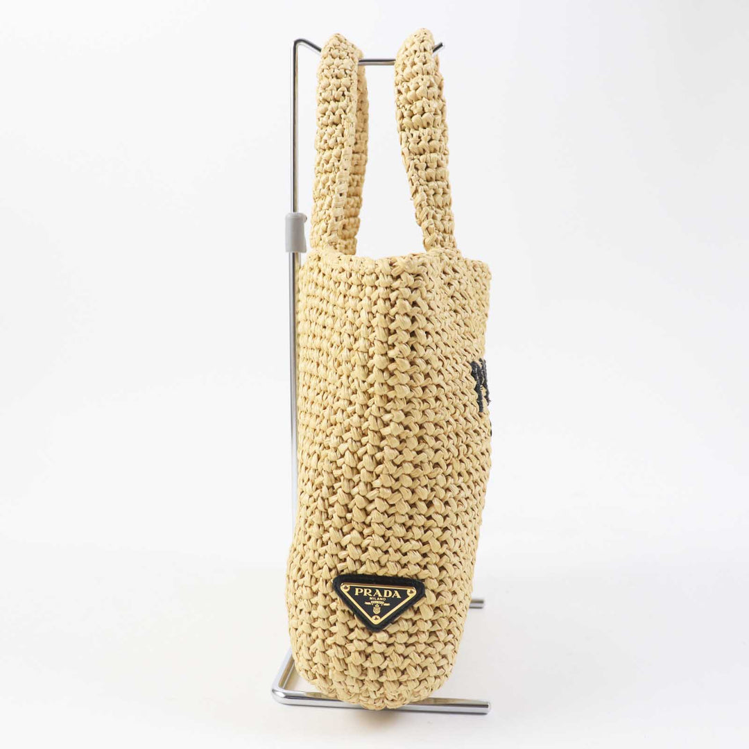 PRADA Tote Bag 1BG422 Main: Raffia Natural black small crochet Women Used Authentic