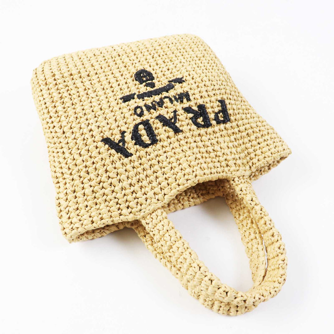 PRADA Tote Bag 1BG422 Main: Raffia Natural black small crochet Women Used Authentic