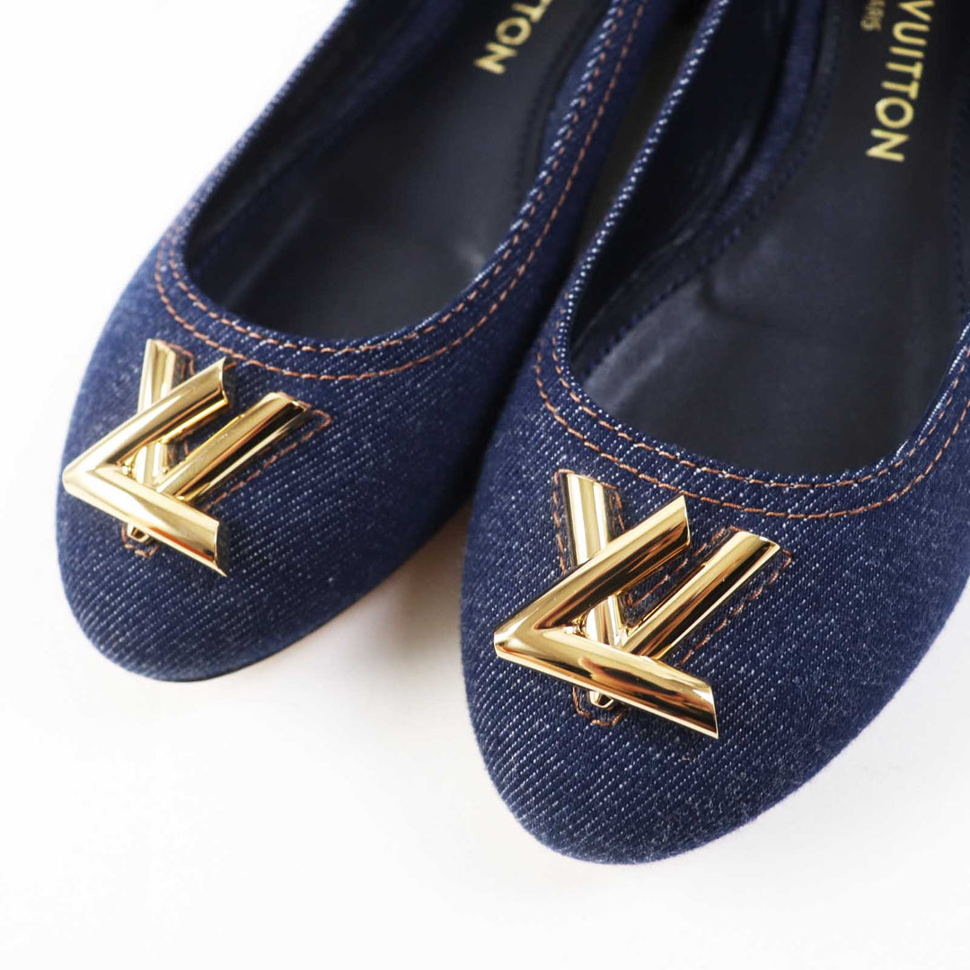 LOUIS VUITTON pumps Main: Denim, Part: Leather Indigo blue Shake Line Ballerina Women 37 Used Authentic