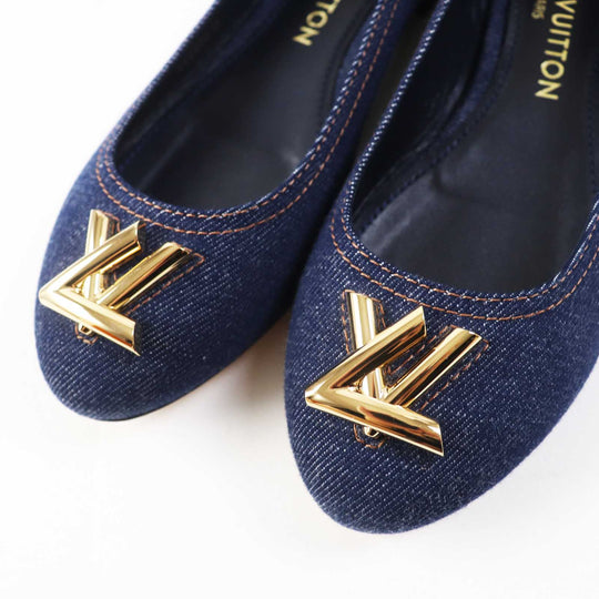 LOUIS VUITTON pumps Main: Denim, Part: Leather Indigo blue Shake Line Ballerina Women 37 Used Authentic