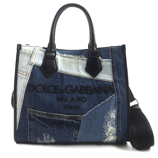 DOLCE&GABBANA Shoulder Bag Main: Denim, Main: Leather blue-black Edge Shopping Bag mens Used Authentic