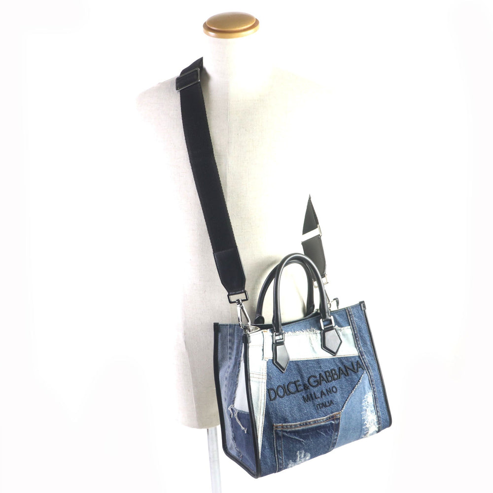 DOLCE&GABBANA Shoulder Bag Main: Denim, Main: Leather blue-black Edge Shopping Bag mens Used Authentic