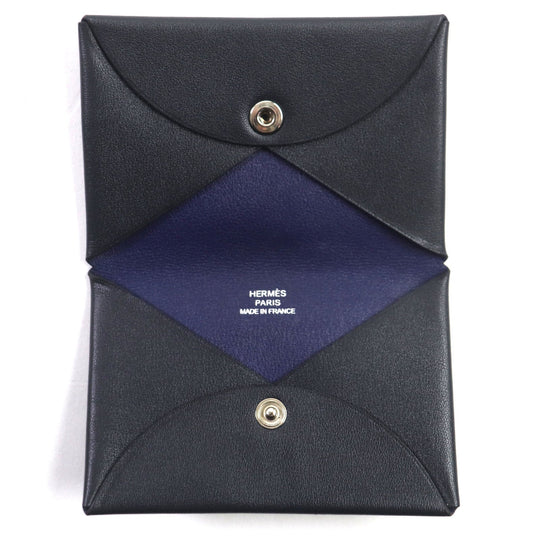 HERMES Card Case Main: Box calf Black Blue Saphir Calvi Verso mens Used Authentic