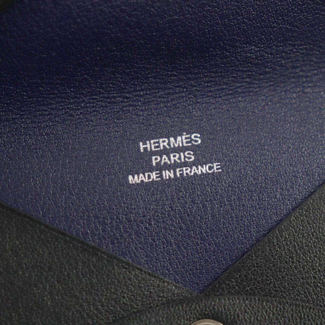 HERMES Card Case Main: Box calf Black Blue Saphir Calvi Verso mens Used Authentic