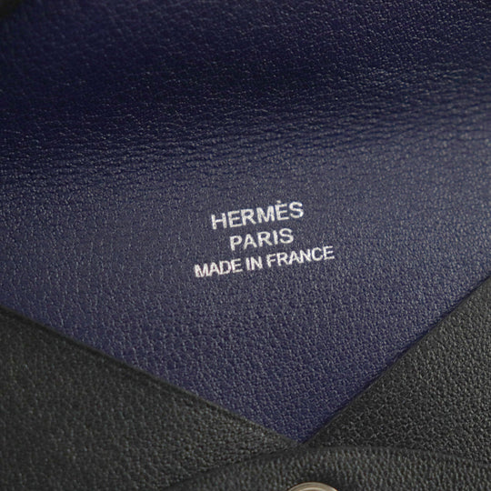 HERMES Card Case Main: Box calf Black Blue Saphir Calvi Verso mens Used Authentic