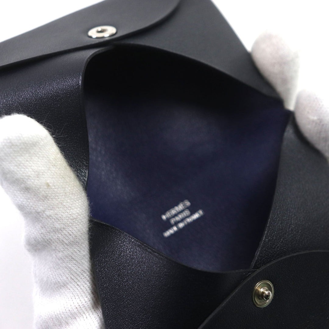 HERMES Card Case Main: Box calf Black Blue Saphir Calvi Verso mens Used Authentic