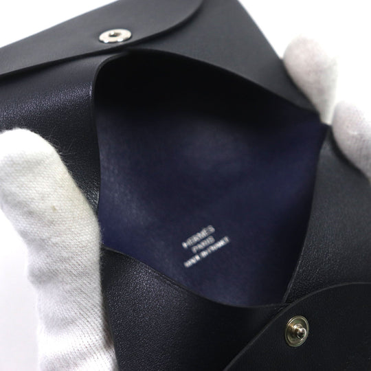 HERMES Card Case Main: Box calf Black Blue Saphir Calvi Verso mens Used Authentic
