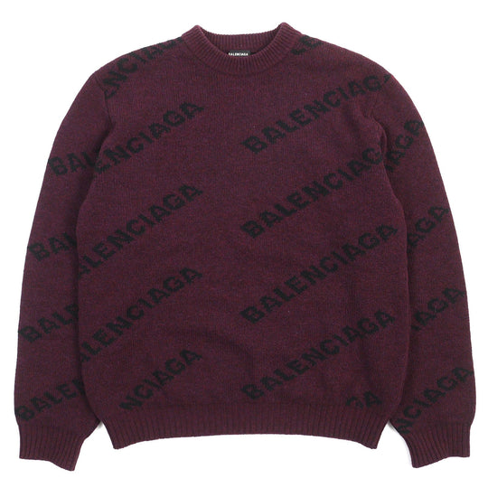 BALENCIAGA knit 534493 Main: 97% wool, Main: 3% nylon Bordeaux Black ALL OVER LOGO mens M Used Authentic