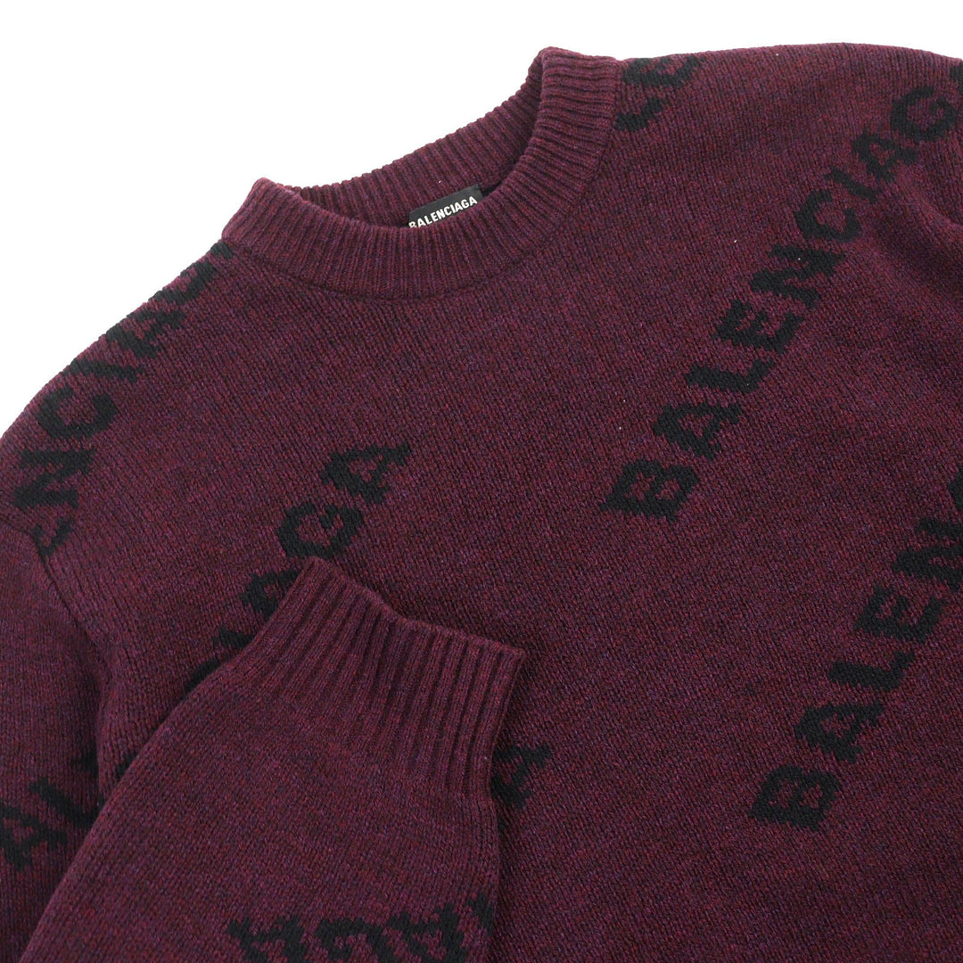 BALENCIAGA knit 534493 Main: 97% wool, Main: 3% nylon Bordeaux Black ALL OVER LOGO mens M Used Authentic