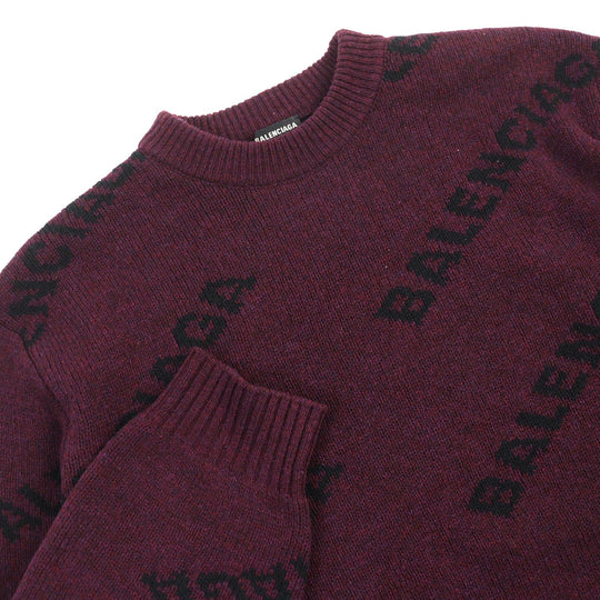 BALENCIAGA knit 534493 Main: 97% wool, Main: 3% nylon Bordeaux Black ALL OVER LOGO mens M Used Authentic