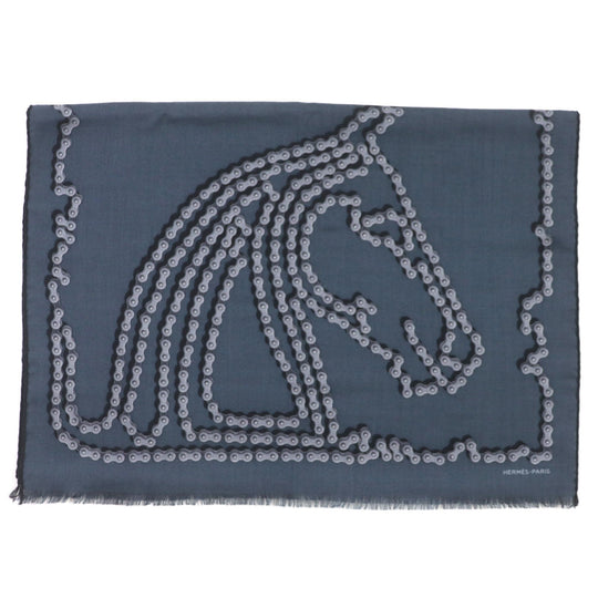 HERMES shawl Main: 70% cashmere, Main: 30% silk Navy Cheval Dechaine mens Used Authentic