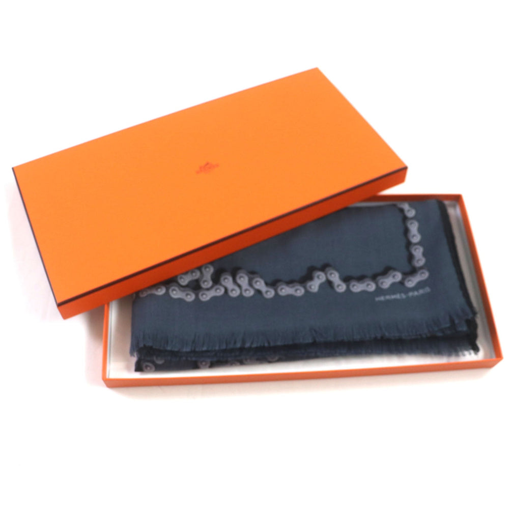 HERMES shawl Main: 70% cashmere, Main: 30% silk Navy Cheval Dechaine mens Used Authentic