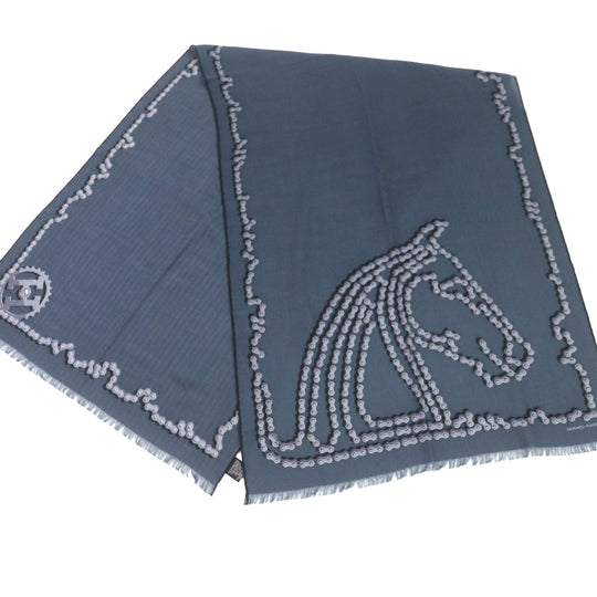 HERMES shawl Main: 70% cashmere, Main: 30% silk Navy Cheval Dechaine mens Used Authentic