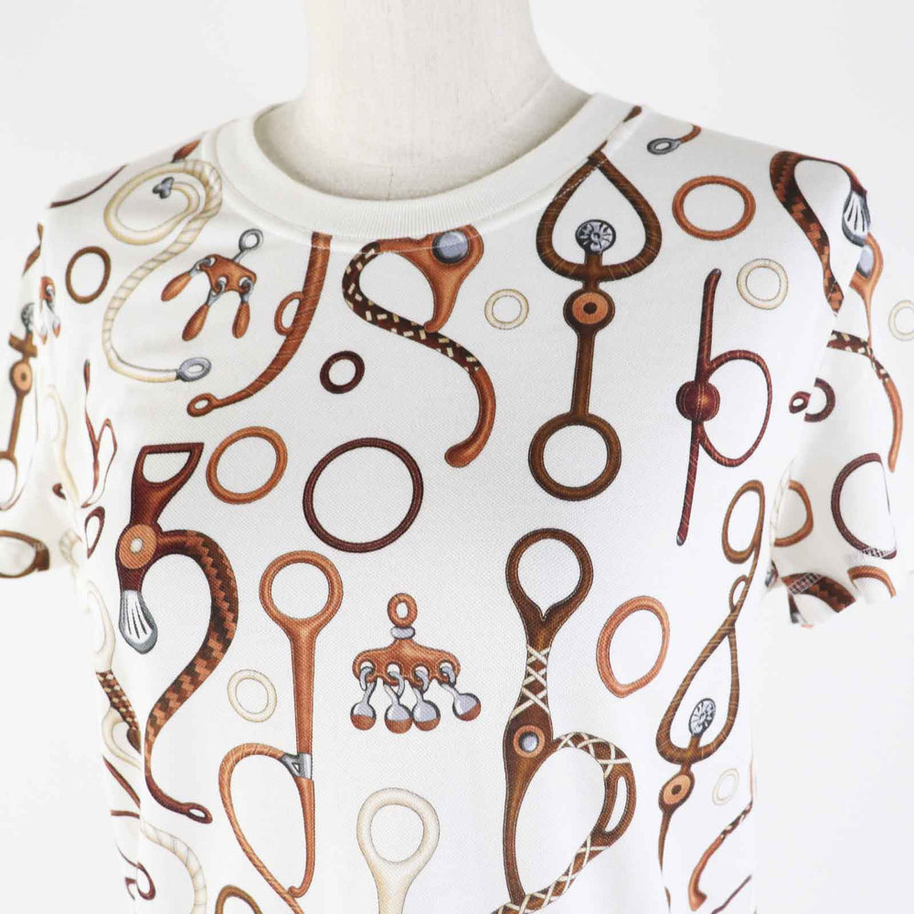 HERMES Short sleeve T-shirt 4E4632DN Main: 100% cotton, part: 98% cotton, part: 2% polyurethane White Brown type Panoplie Tout Cuir Jersey Women 36 Used Authentic