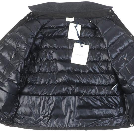 MONCLER Down jacket Outer: 100% polyester, Lining: 100% nylon, Part: 70% wool, Part: 25% nylon, Part: 5% cashmere Black dark gray CAMICIA Women 44 Used Authentic