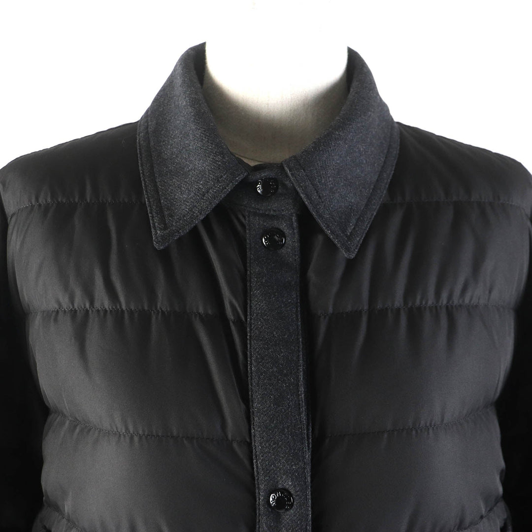 MONCLER Down jacket Outer: 100% polyester, Lining: 100% nylon, Part: 70% wool, Part: 25% nylon, Part: 5% cashmere Black dark gray CAMICIA Women 44 Used Authentic