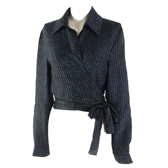 CHANEL Long sleeve shirt 23P P74411 Outer material: 97% silk, Outer material: 3% polyester Black Silver Women 40 Used Authentic