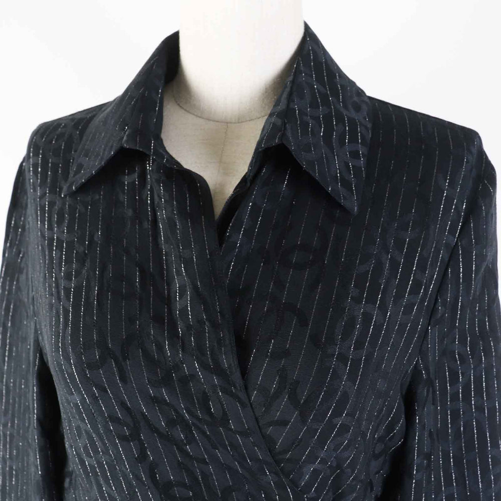 CHANEL Long sleeve shirt 23P P74411 Outer material: 97% silk, Outer material: 3% polyester Black Silver Women 40 Used Authentic