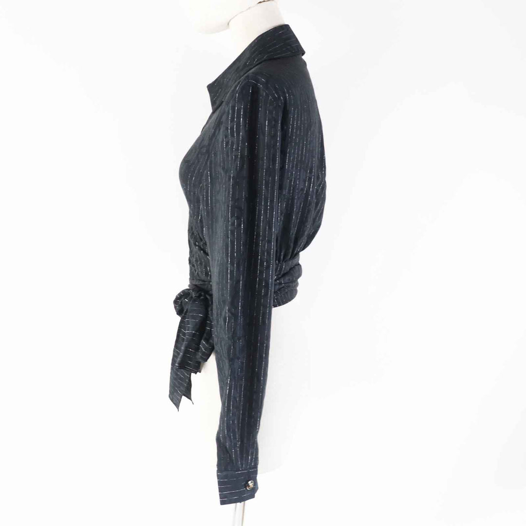 CHANEL Long sleeve shirt 23P P74411 Outer material: 97% silk, Outer material: 3% polyester Black Silver Women 40 Used Authentic
