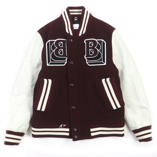 BURBERRY Stajan 8045532 Outer material: 78% wool, Outer material: 22% nylon, Outer material: 100% cowhide, Filling: 100% polyester, Lining: 100% rayon Burgundy White logo-patch varsity jacket mens 46 Used Authentic