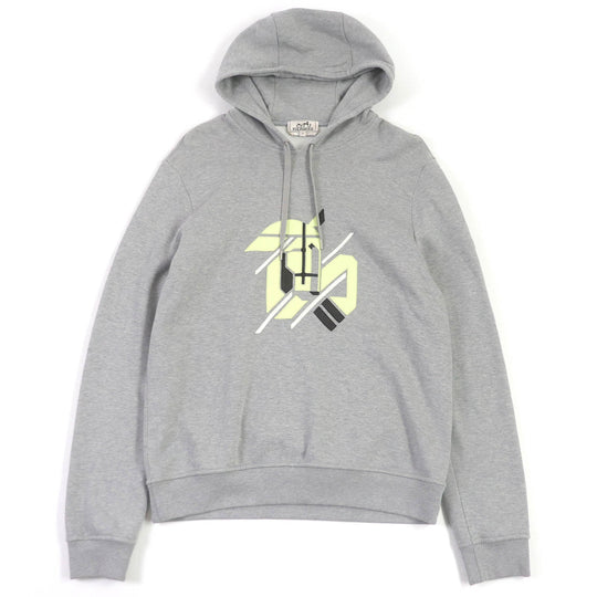 HERMES Hoodie Main: 100% cotton, Part: 90% cotton, Part: 10% polyurethane, Part: 100% cotton, Leather part: sheepskin gray Chevaux en symmetry mens M Used Authentic