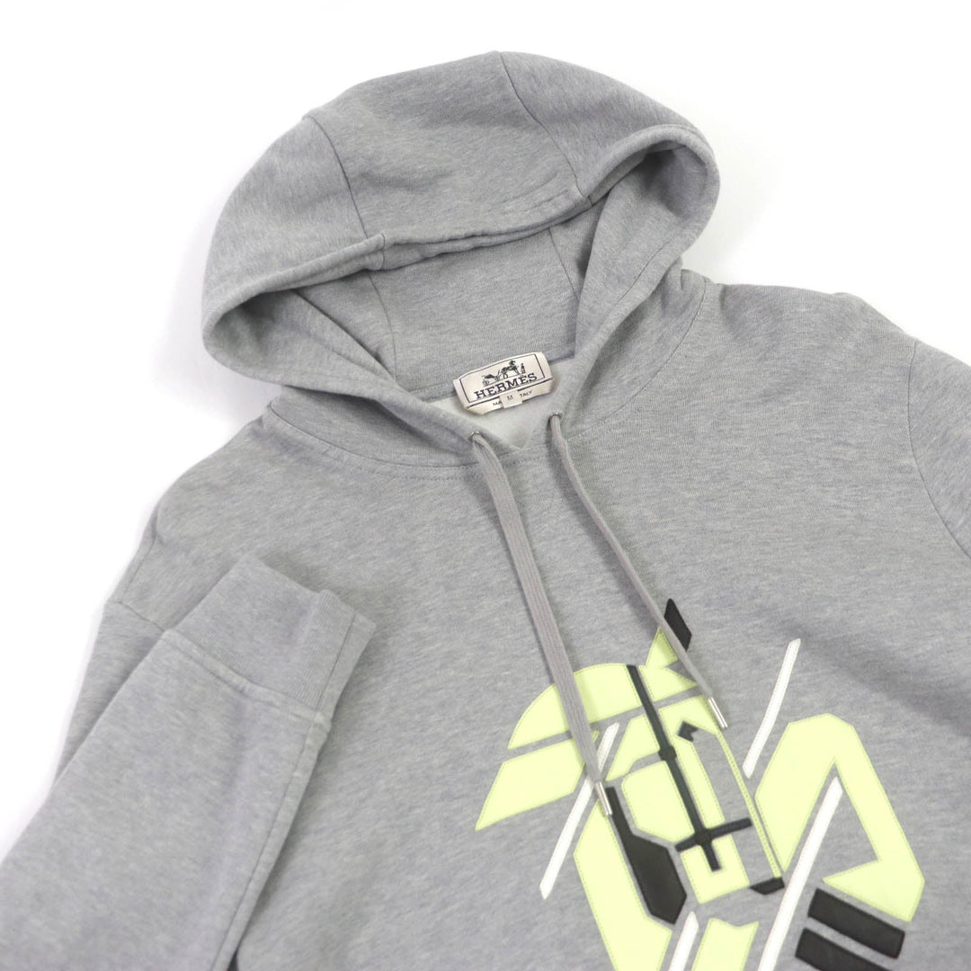 HERMES Hoodie Main: 100% cotton, Part: 90% cotton, Part: 10% polyurethane, Part: 100% cotton, Leather part: sheepskin gray Chevaux en symmetry mens M Used Authentic