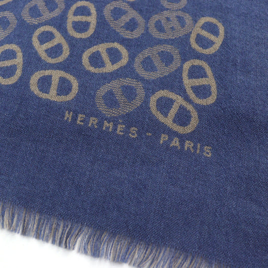 HERMES Scarf Main: 70% cashmere, Main: 30% silk Blue Light Brown mens Used Authentic