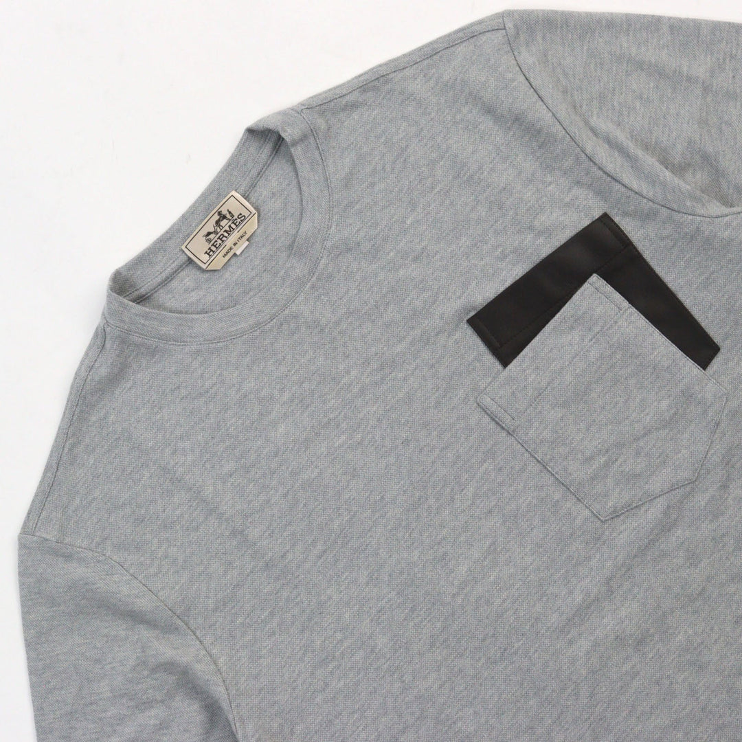 HERMES Short sleeve T-shirt Main: 85% cotton, Main: 15% cashmere, Part: Lamb leather gray mens M Used Authentic