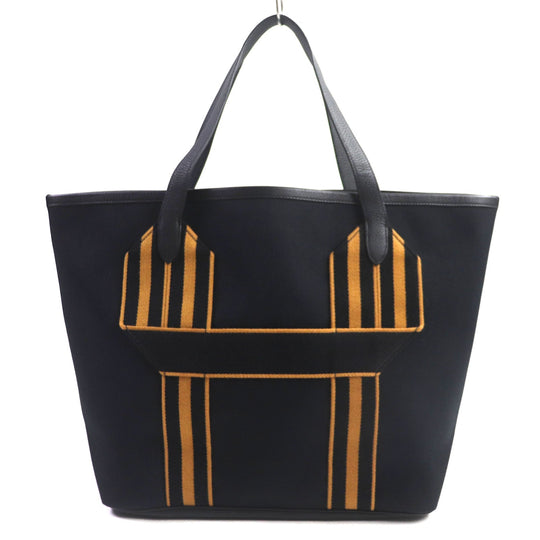HERMES Tote Bag Main: Toile Militaire, Main: Taurillon Clemence, Main: Sangle Woolley Black camel Pure Sangle mens Used Authentic