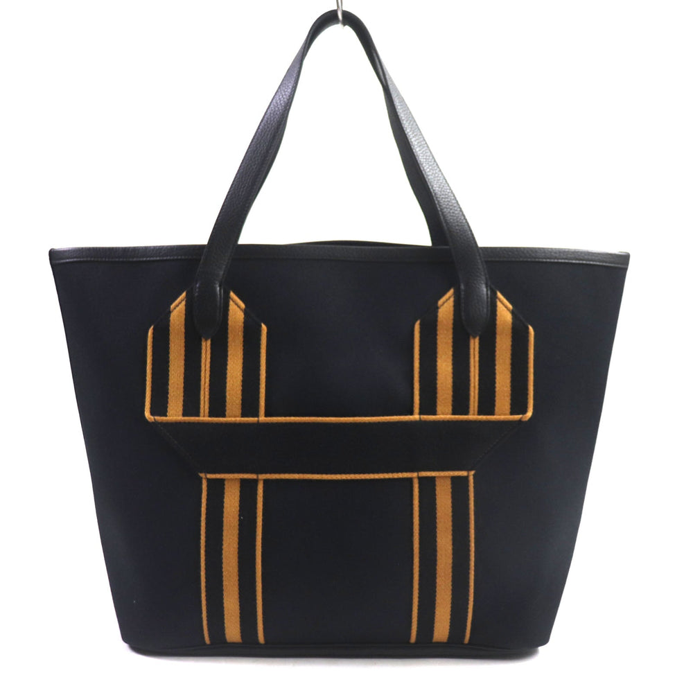 HERMES Tote Bag Main: Toile Militaire, Main: Taurillon Clemence, Main: Sangle Woolley Black camel Pure Sangle mens Used Authentic
