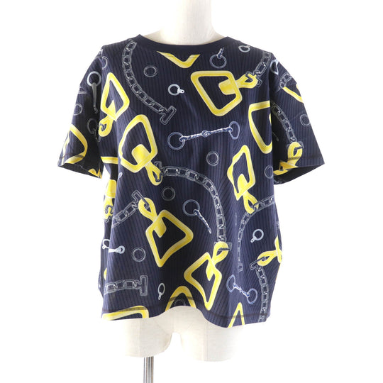 HERMES Short sleeve T-shirt 4H4641DH Main: 98% cotton, Main: 2% polyurethane, Part: 100% cotton Navy yellow Kaleidoscope Effect Women 40 Used Authentic