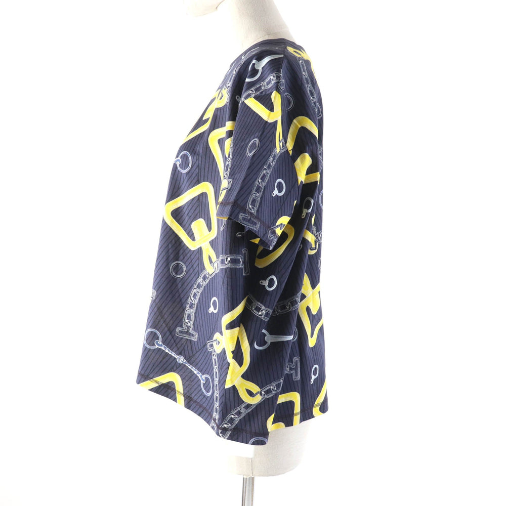 HERMES Short sleeve T-shirt 4H4641DH Main: 98% cotton, Main: 2% polyurethane, Part: 100% cotton Navy yellow Kaleidoscope Effect Women 40 Used Authentic