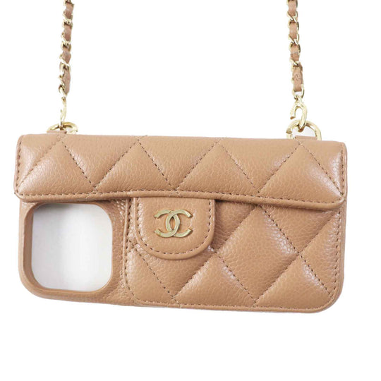 CHANEL iPhone case AP3553 Caviar skin Brown beige Women Used Authentic