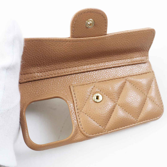 CHANEL iPhone case AP3553 Caviar skin Brown beige Women Used Authentic
