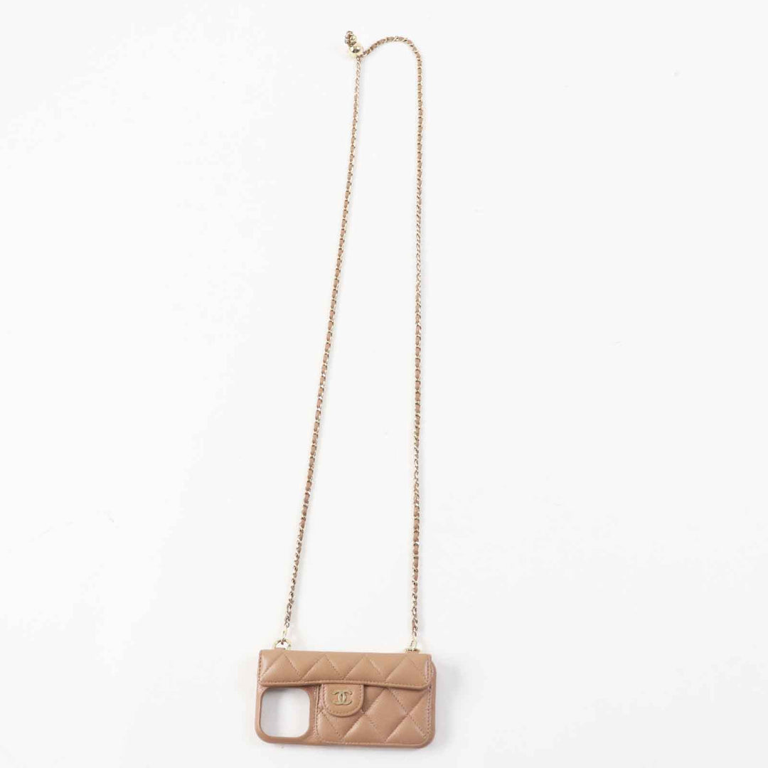 CHANEL iPhone case AP3553 Caviar skin Brown beige Women Used Authentic