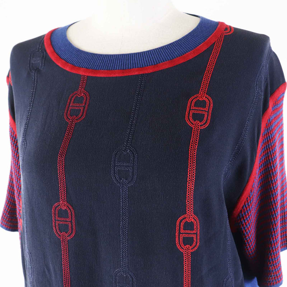 HERMES Short sleeve knit 3E2810DV Outer: 100% silk, part: 57% silk, part: 43% cotton, part: 47% silk, part: 35% cotton Navy red Women 40 Used Authentic