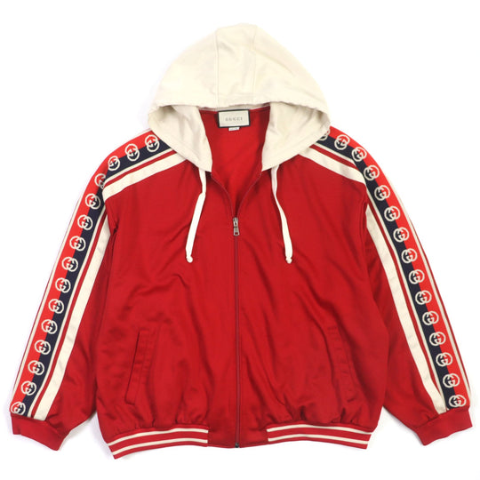 GUCCI Track jacket 575758 Outer: 55% polyester, Outer: 45% cotton, Part: 84% polyester, Part: 14% nylon, Part: 2% polyurethane Red beige Interlocking G mens XL Used Authentic