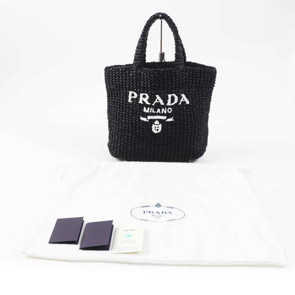 PRADA Tote Bag 1BG422 Main: Raffia Black White small crochet Women Used Authentic