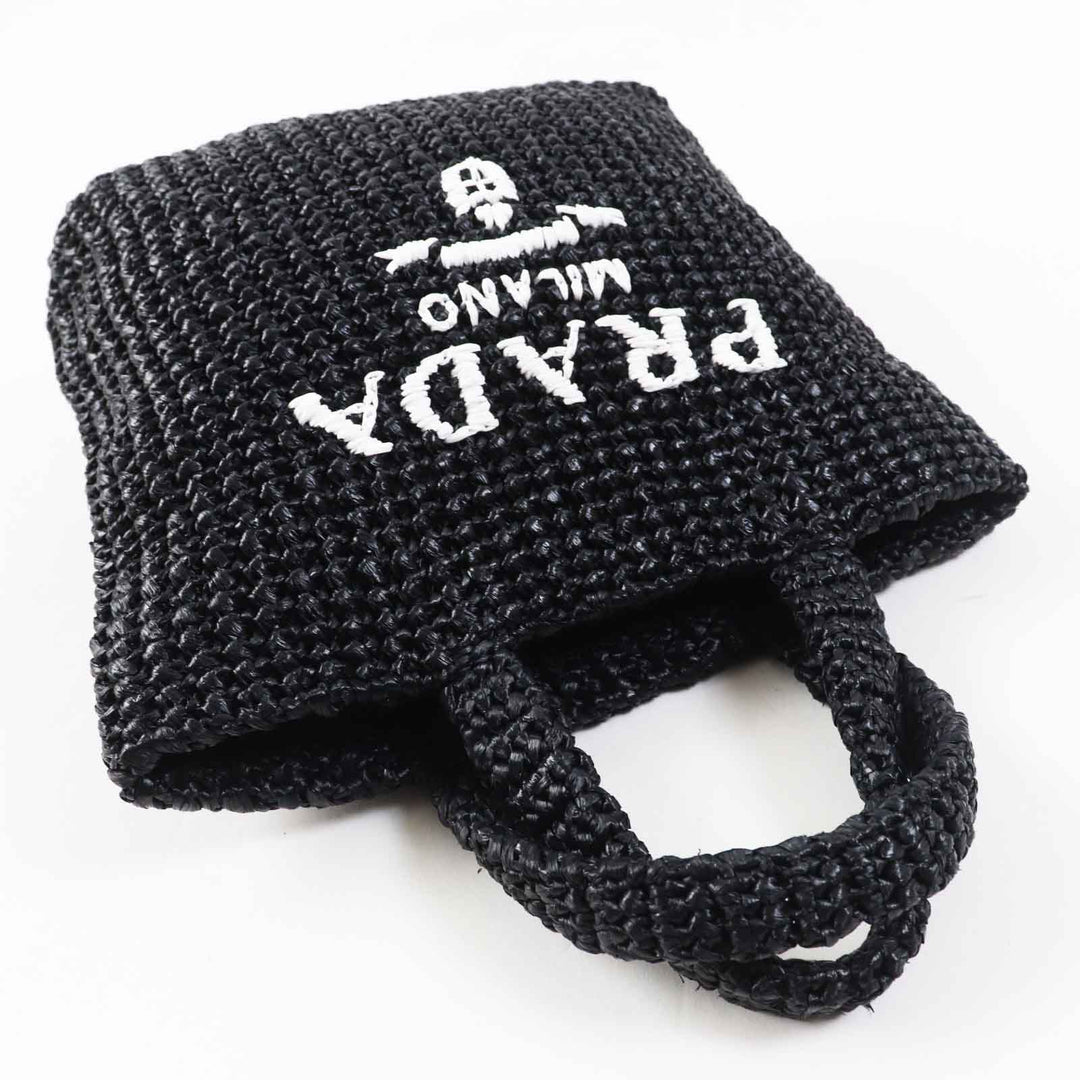 PRADA Tote Bag 1BG422 Main: Raffia Black White small crochet Women Used Authentic