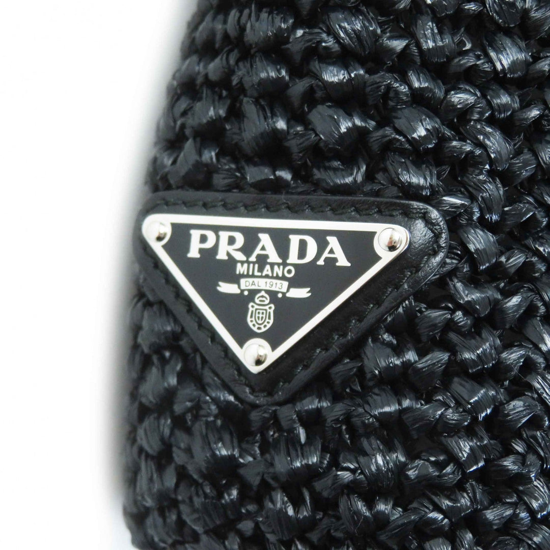 PRADA Tote Bag 1BG422 Main: Raffia Black White small crochet Women Used Authentic